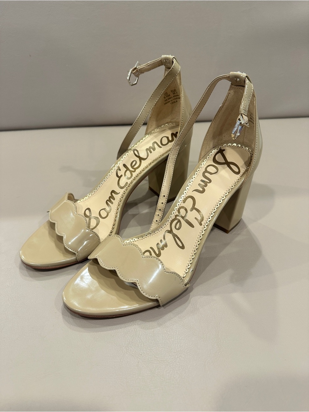 Sam Edelman Cream Scallop-Edge Ankle-Strap Block Heels